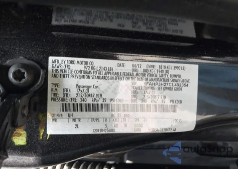 2012 Ford Focus Sel z USA, uszkodzony, nr VIN 1FAHP3H27CL402354